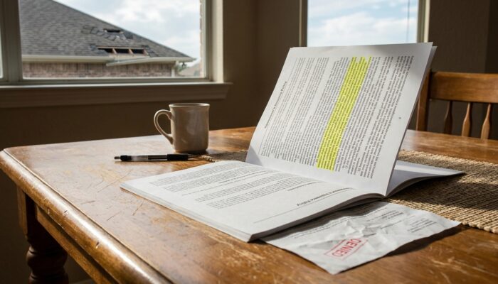 homeowner's insurance policy document with highlighted text beside denied claim letter