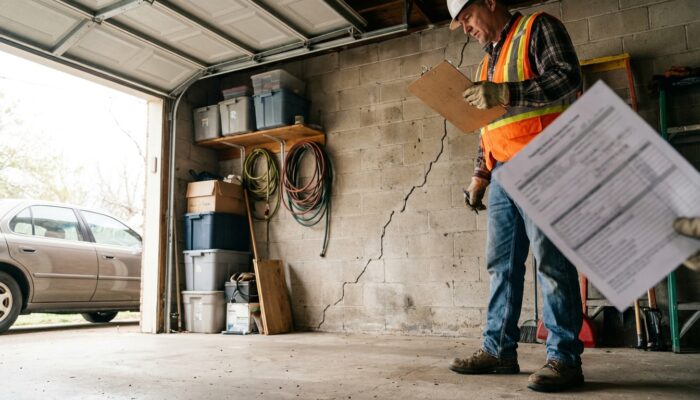 inspector in hard hat writing on clipboard near cracked garage wall