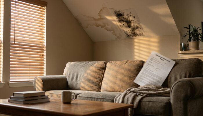 living room ceiling with mold damage and homeowner's insurance policy document on sofa