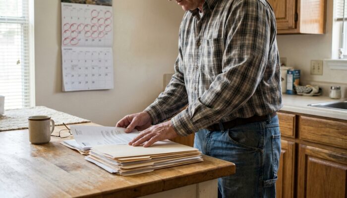 older man reviewing stack of legal documents and folders at kitchen counter