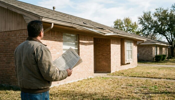 man holding homeowners policy document standing outside brick house with damaged roof
