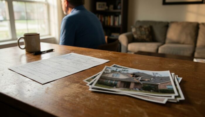 insurance claim form and property damage photos spread on wooden table
