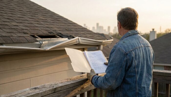 inspector holding documents reviewing visibly damaged roof shingles on residential property
