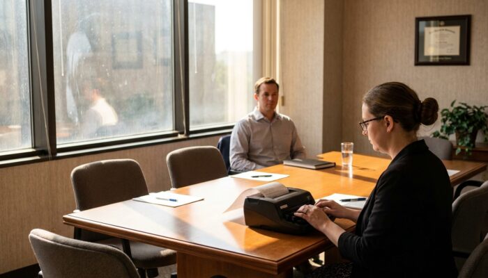 court reporter operating stenography machine during formal deposition in conference room