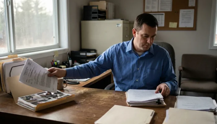 man seated at desk reviewing printed documents and file folders in office