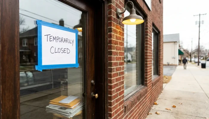 Temporarily Closed sign taped to glass door of brick storefront building