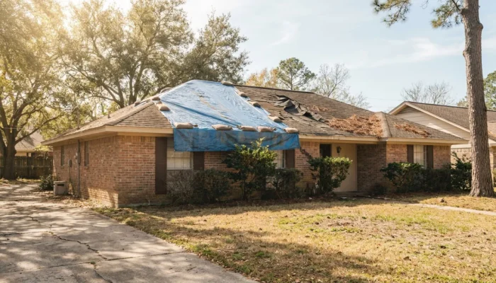 brick home with storm-damaged roof covered by tarp and sandbags