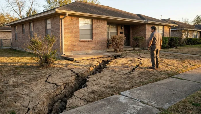 man standing beside large ground fissure cracking yard in front of brick house