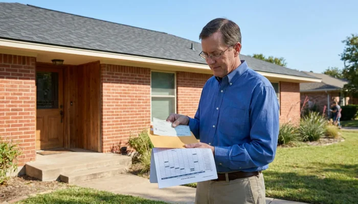man reviewing documents and check from envelope outside brick residential home