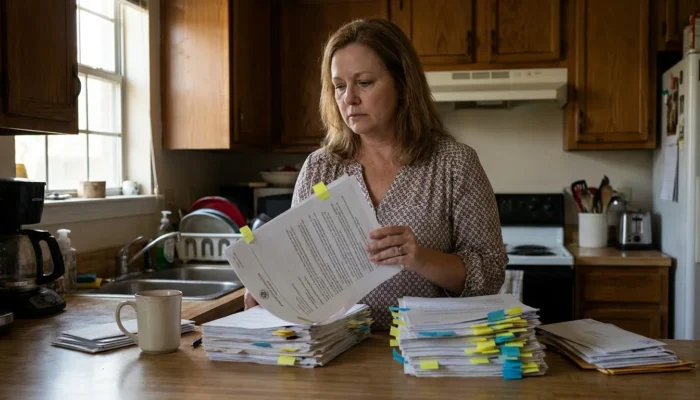 woman reviewing tabbed legal documents beside large stacks of paperwork in kitchen
