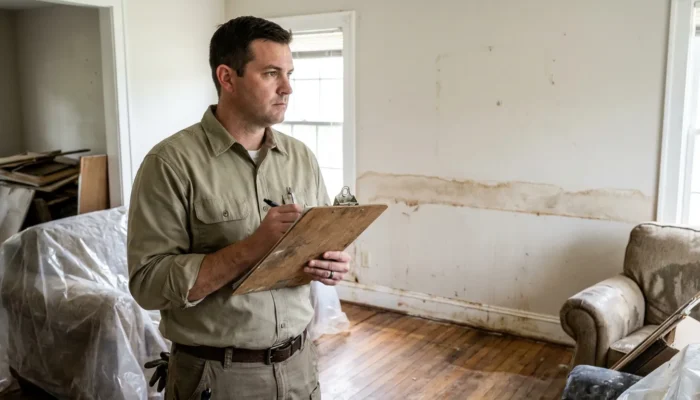 inspector holding clipboard documenting water damage stains inside flood-damaged home