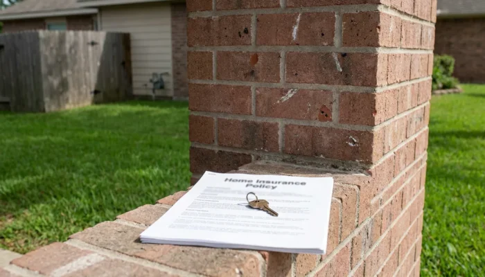 Home Insurance Policy document and house keys resting on brick wall outdoors