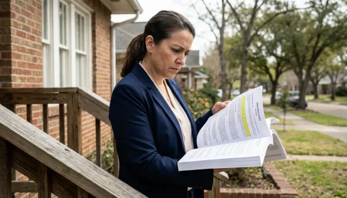 woman reviewing highlighted insurance policy document on residential porch steps