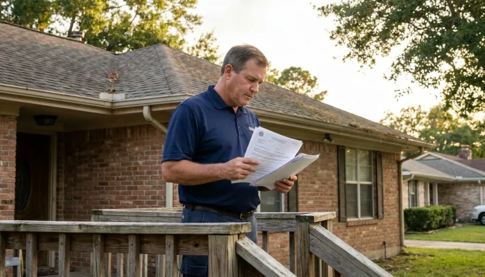 man standing on wooden deck outside brick home reviewing legal documents