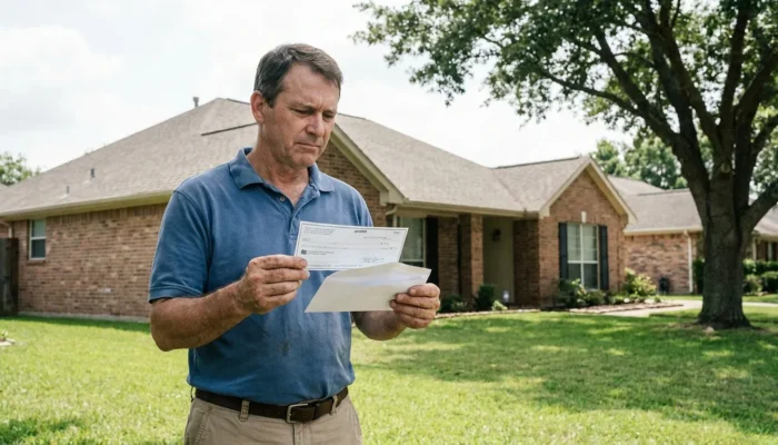 man examining insurance check and envelope standing outside brick home