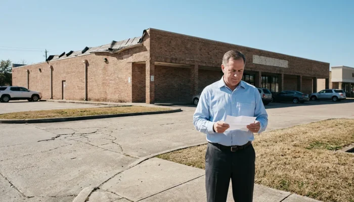 man in dress shirt reviewing documents outside damaged brick commercial building