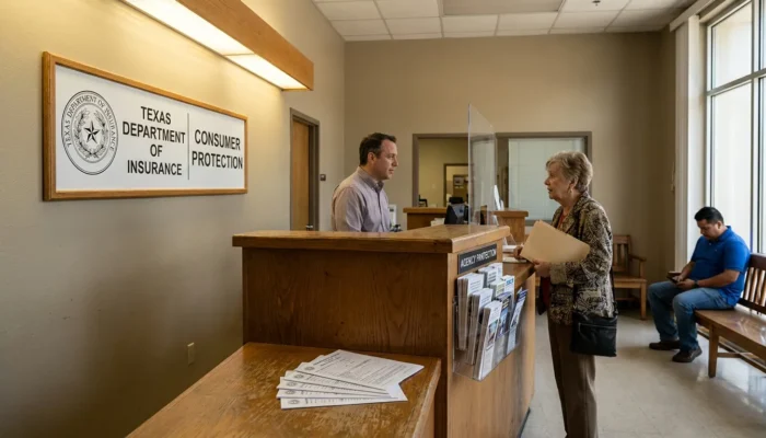 Texas Department of Insurance Consumer Protection office counter with staff assisting visitor