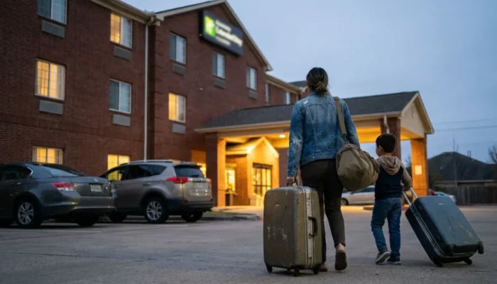 adult and child carrying luggage toward illuminated Holiday Inn Express hotel entrance