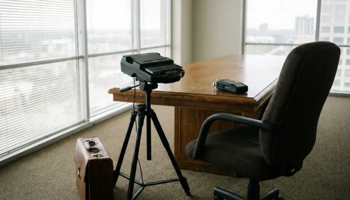 stenography machine on tripod beside wooden desk with briefcase and office chair