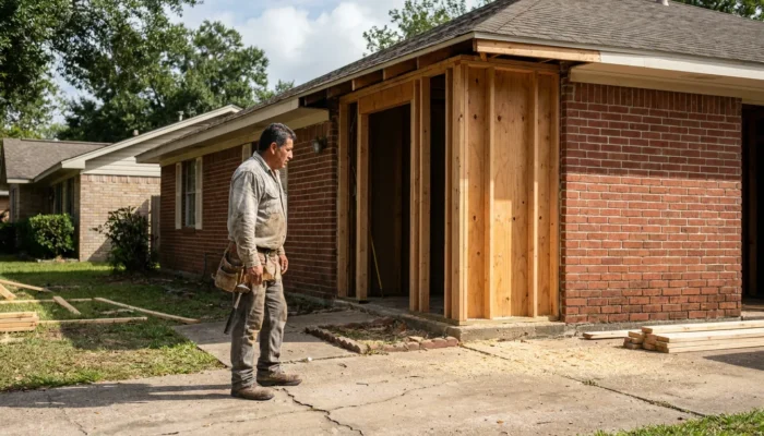 construction worker with tool belt inspecting residential brick home renovation framing