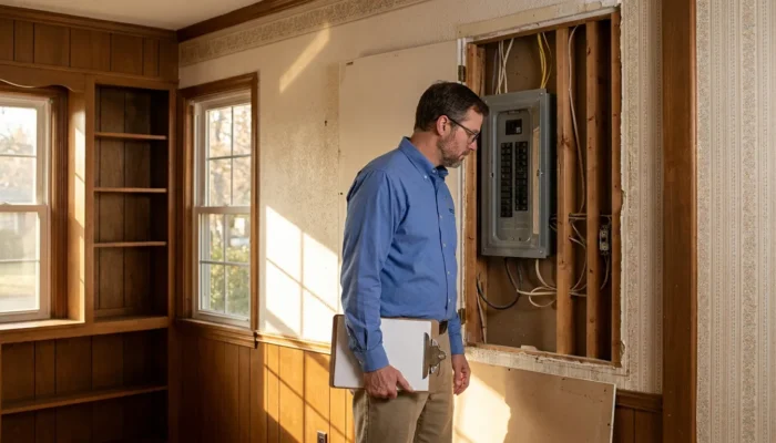inspector holding clipboard examining exposed electrical panel and wiring in residential room