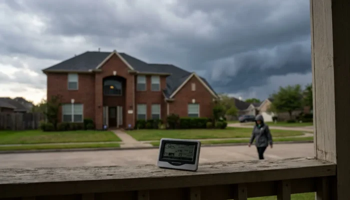 weather station monitor on porch railing as storm clouds gather over suburban home