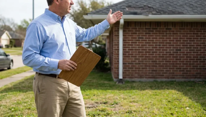 man holding clipboard gesturing toward brick house roof during property inspection