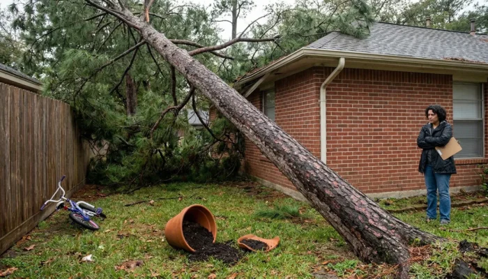 person holding clipboard inspecting fallen tree leaning against brick house after storm