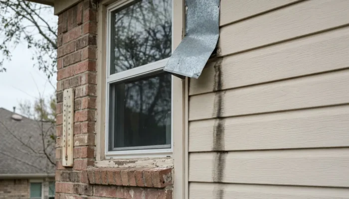 residential exterior showing detached gutter, stained siding, and deteriorating window trim
