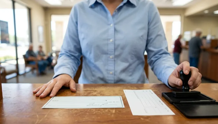bank teller stamping signed check and document at wooden counter