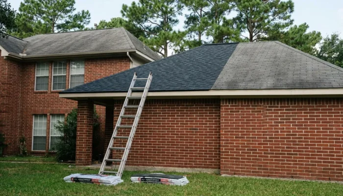 ladder leaning against brick home roof with shingle packages on ground