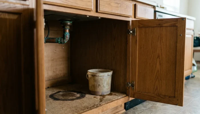 corroded pipe dripping water under kitchen sink cabinet with bucket collecting leak