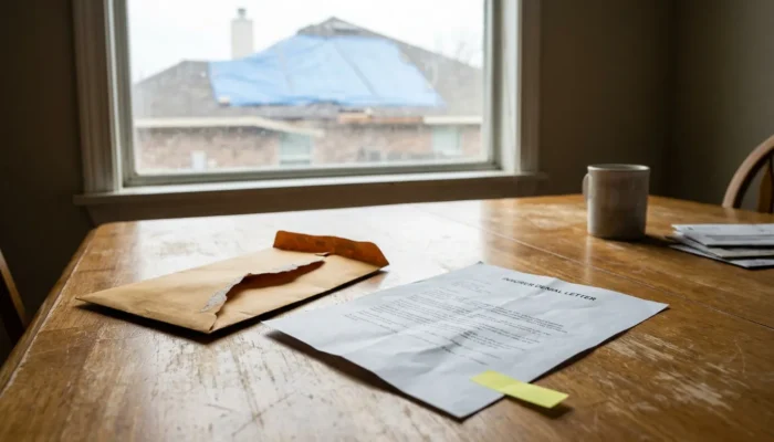 Insurer denial letter on table with tarped roof visible through window
