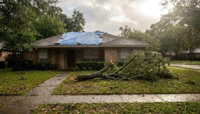 storm-damaged brick home with tarp-covered roof and fallen tree in yard