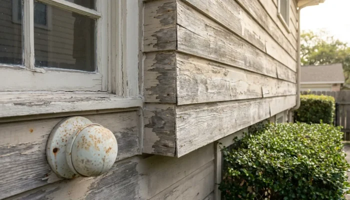 deteriorating wood siding with peeling paint and rusted door knob on residential property